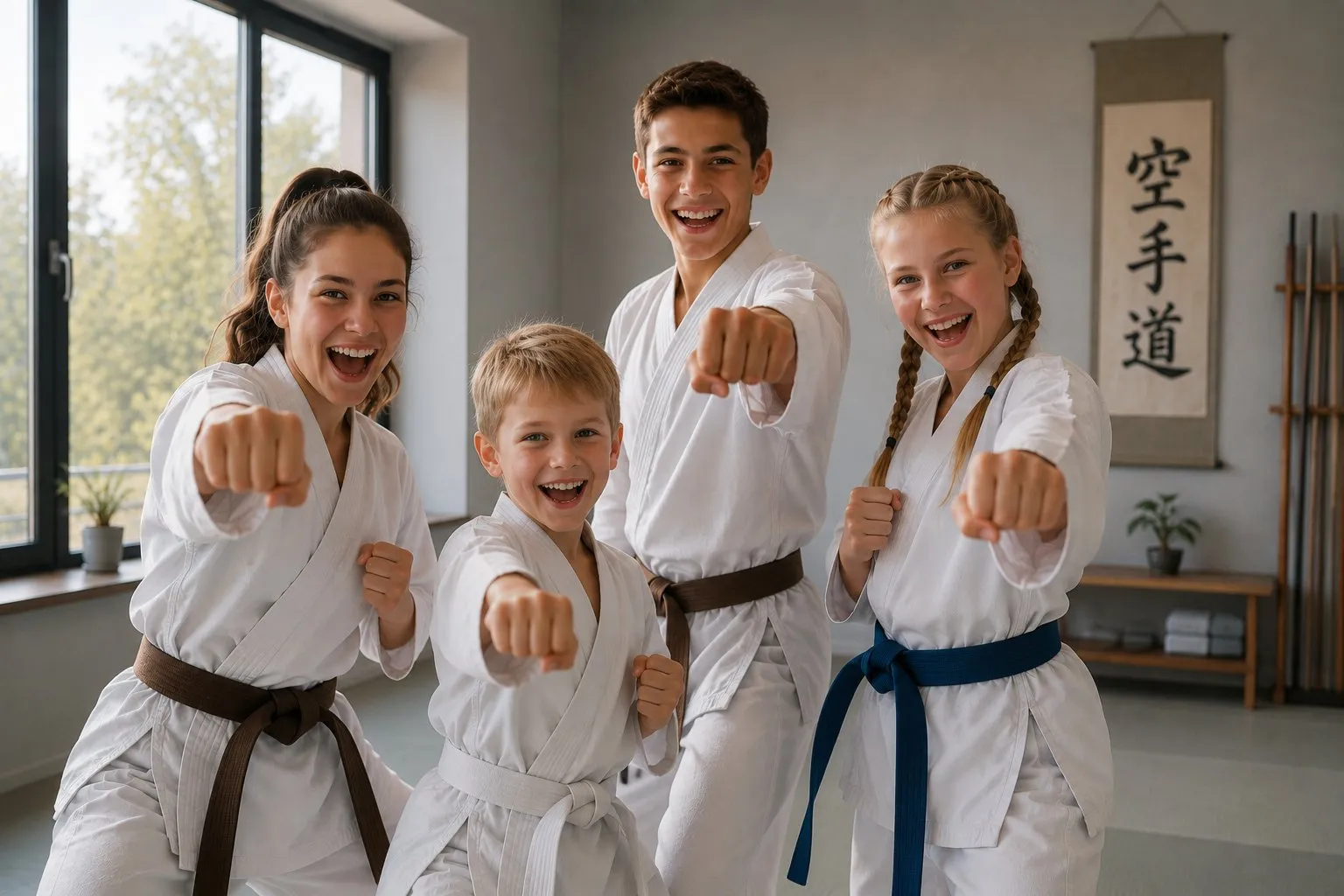 Kinder und Jugendliche im Karate-Anzug beim Training
